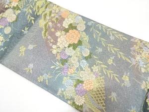 未使用品　山並に牡丹・菊・枝垂れ桜模様織り出し　袋帯
